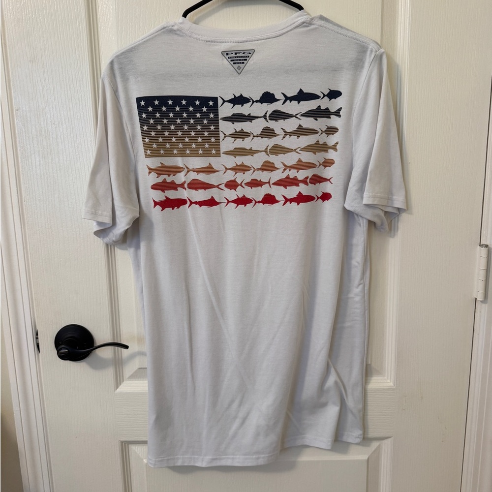Columbia White Tee with Fish and Flag Design